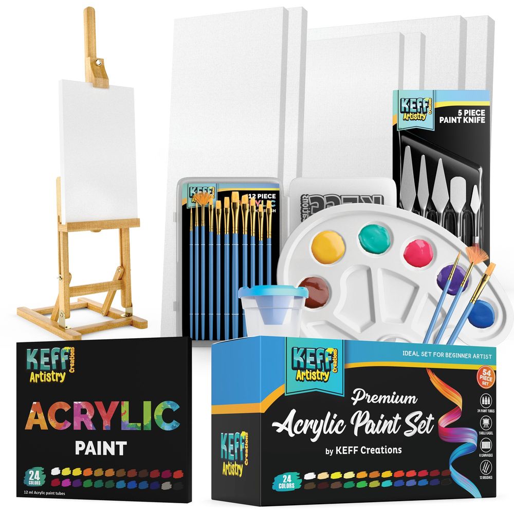 Keff Kids Painting Set - Acrylic Paint Set for Kids - Art Supplies Kit with Canvases, Non Toxic Paints, Wooden Easel, Paint Brushes, Palette & Blue